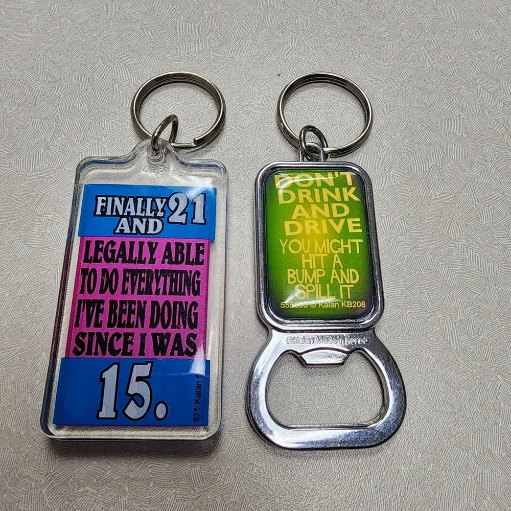 Vintage Keychain Lot Of 2 Novelty Spencer's Keychains 90's 21 Legal Bottle Opene